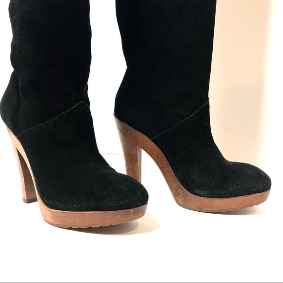 KORS Tall Black Suede Genuine Wood Platform Boots - Picture 4 of 15